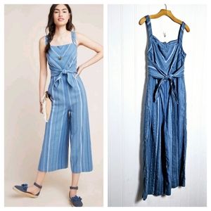 Anthropologie Laguna Striped Jumpsuit Womens Blue White Linen Blend Size 12